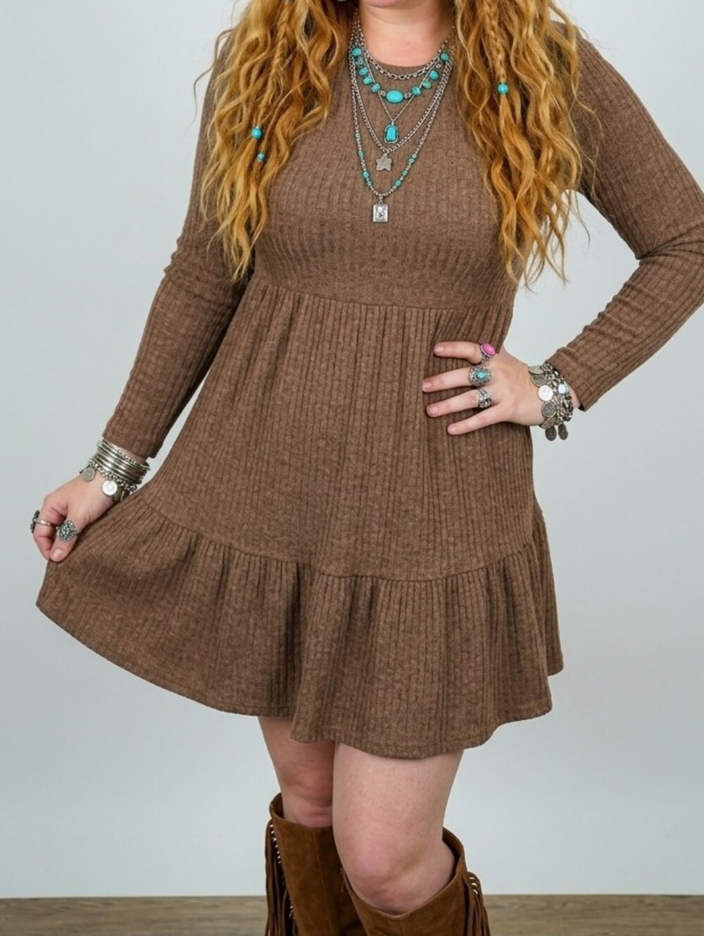 BRAND NEW Heathered Taupe, Mocha Brown Ribbed Long Sleeve Flounce Dress